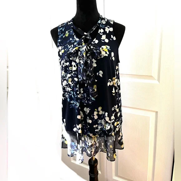 Ellen Tracy Blue Trellis Blossom Ink Tie Neck Top Sleeveless sz Large - Picture 3 of 15